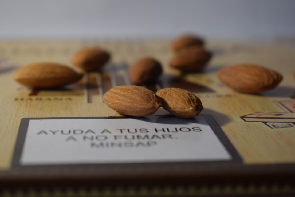 Almonds scattered on a table